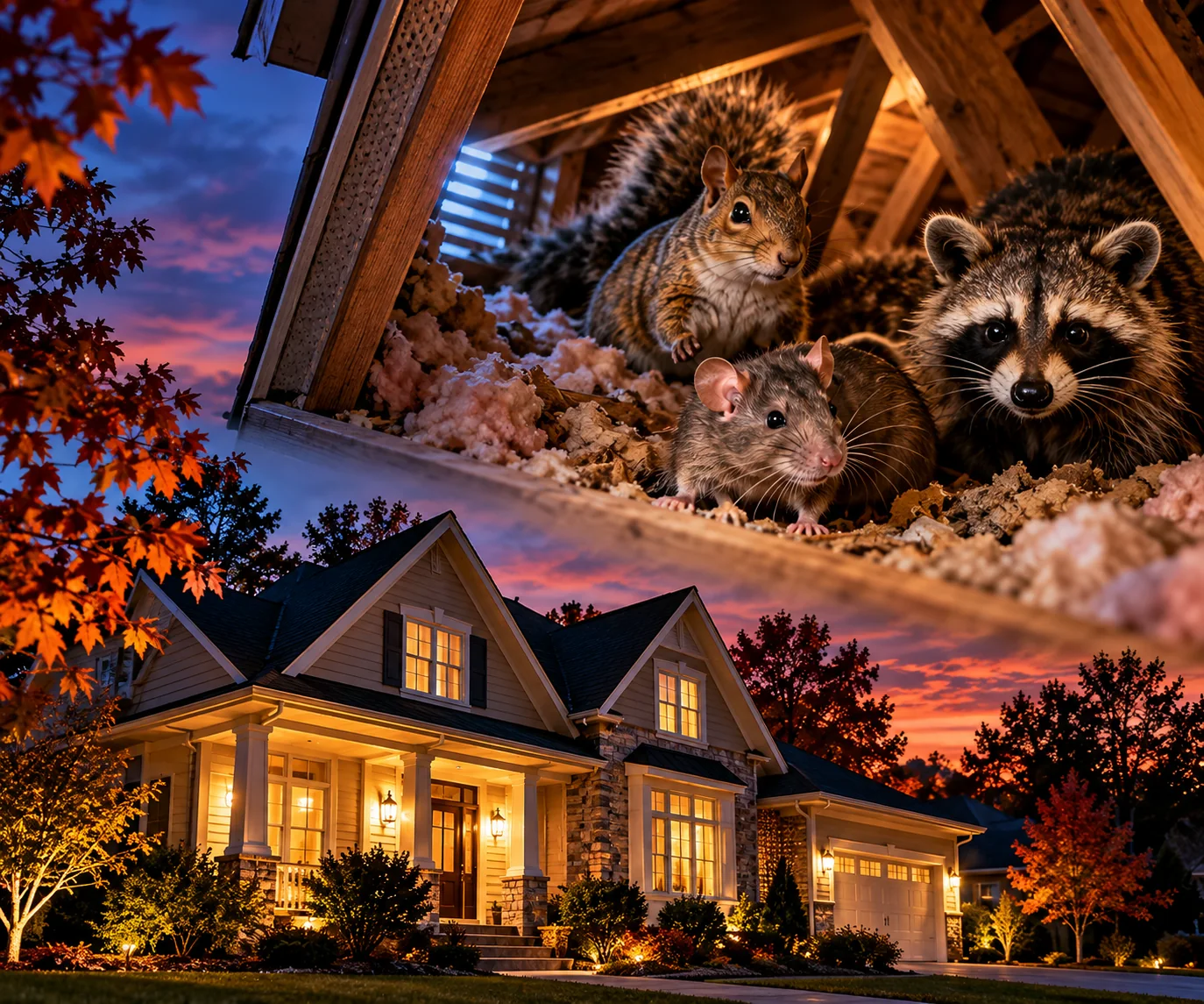 Illustration of a squirrel, rat, and raccoon in an attic above a home at dusk
