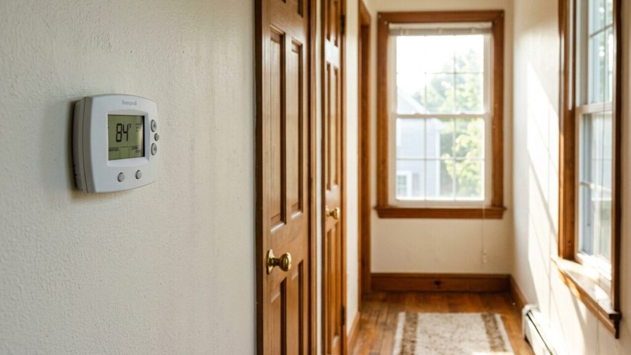 Upstairs hallway thermostat reading a high temperature in bright summer sunlight in a Hampton Roads home