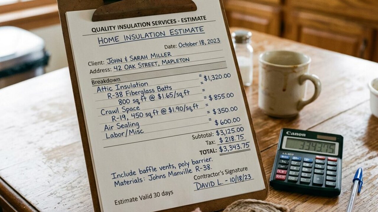 Written insulation estimate on a clipboard beside a calculator and fiberglass samples on a kitchen table in a Hampton Roads home