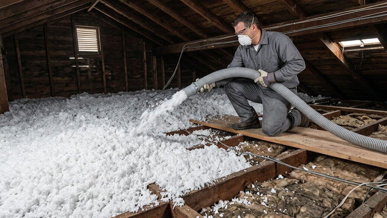 Technician installing Pest Guard attic insulation in an attic