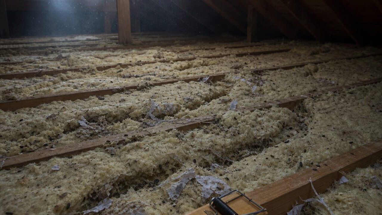 Attic insulation torn up and tunneled by rodents with droppings scattered across the joists in a Hampton Roads home