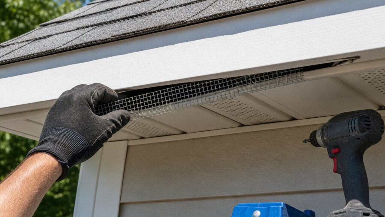Gloved hand fitting galvanized hardware cloth mesh over an open gap where the soffit meets the fascia, sealing a roofline rodent entry point on a Hampton Roads home