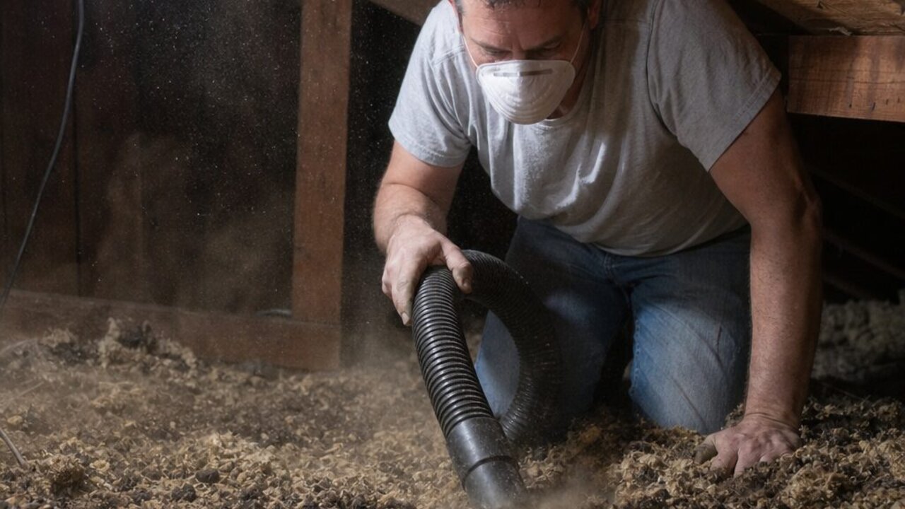 Homeowner in a t-shirt and a flimsy paper dust mask kneeling in a cramped attic, stirring visible dust into the air while shop-vacuuming rodent-contaminated insulation without proper protective equipment, in Great Neck Virginia Beach