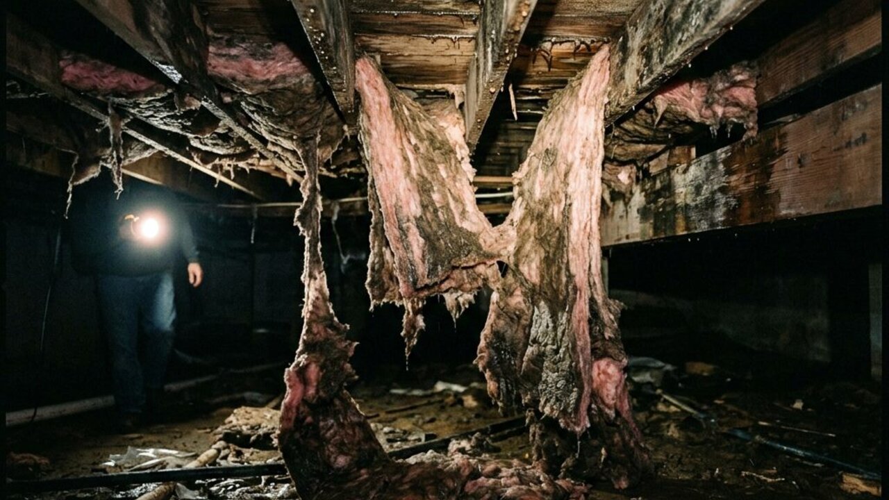 Waterlogged fiberglass insulation sagging from crawl space floor joists during a humid Hampton Roads summer