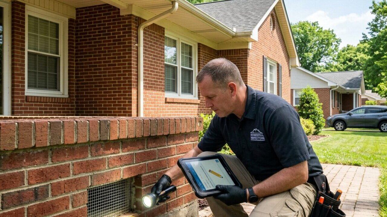 Home inspector with a flashlight and tablet checking the eaves and foundation vents of a brick Hampton Roads house
