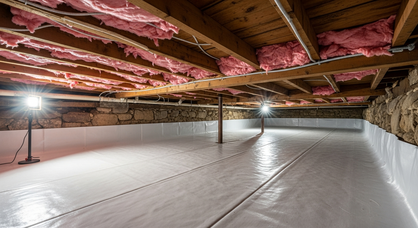 Crawl space with white vapor barrier and new sub-floor insulation beneath a historic Berkley Norfolk home near the Southern Branch of the Elizabeth River,