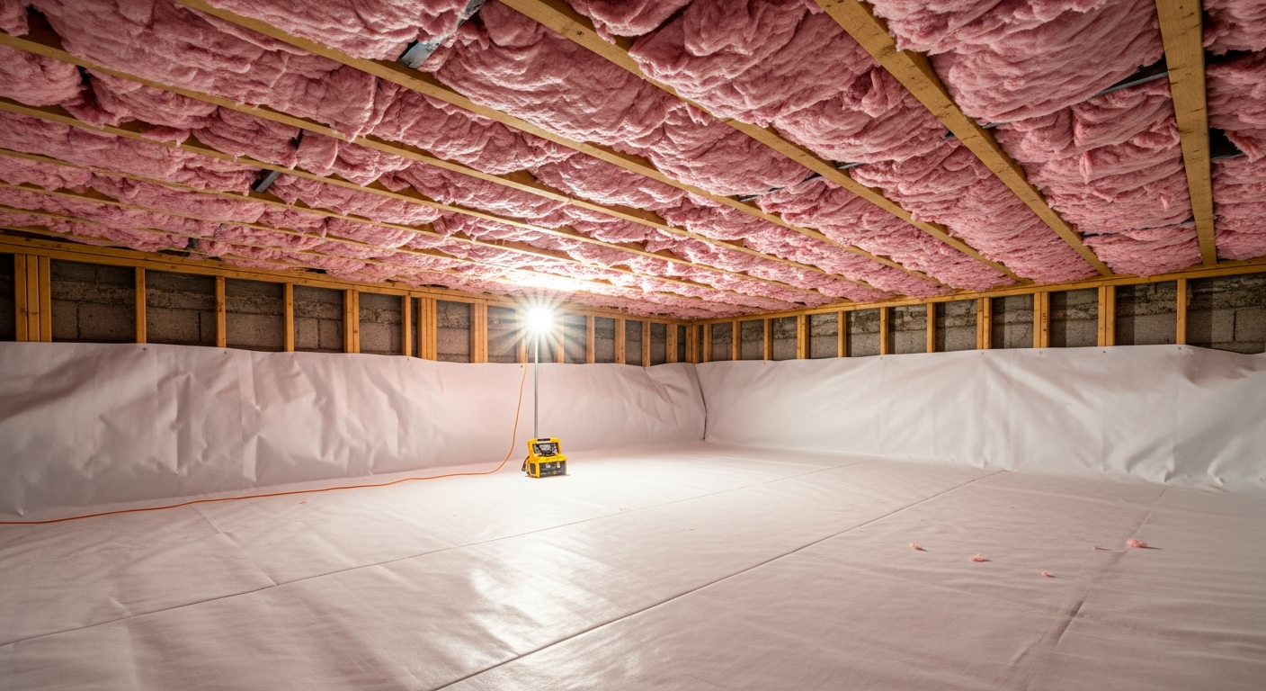 Crawl space with white vapor barrier and new sub-floor insulation beneath an early-1900s home in Brighton Portsmouth,