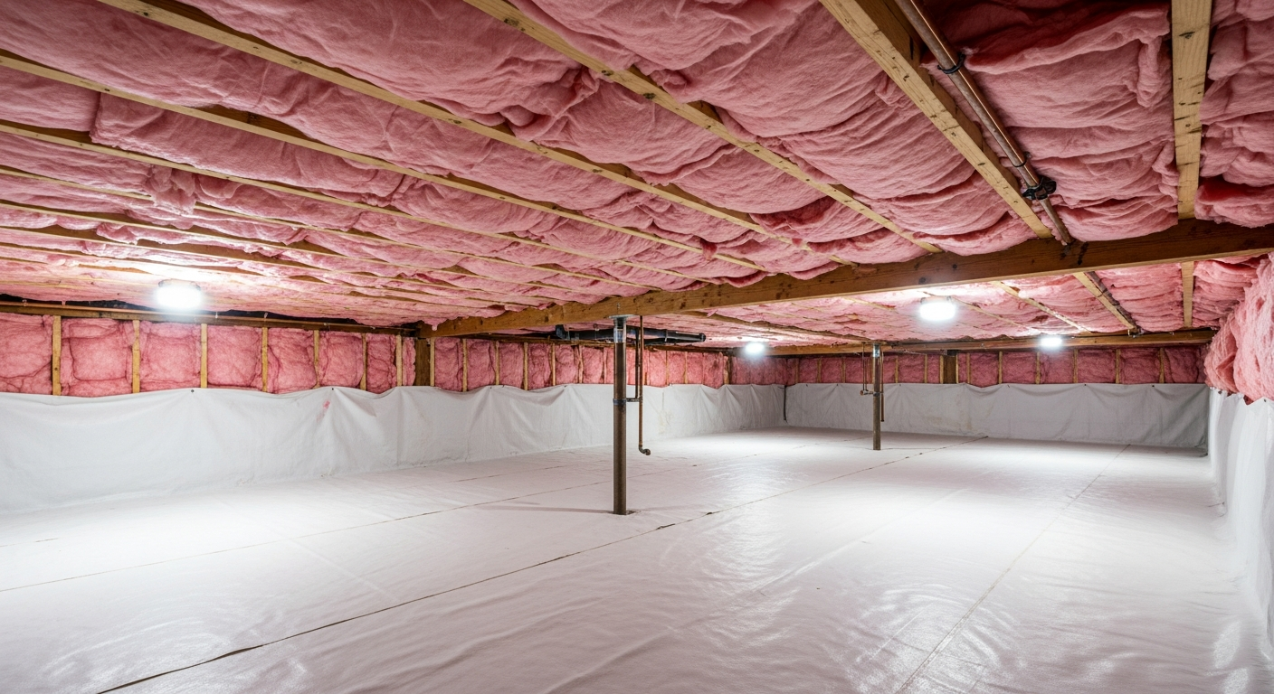 1960s ranch crawl space with copper plumbing and pink fiberglass insulation between floor joists in Camelot, Chesapeake VA,