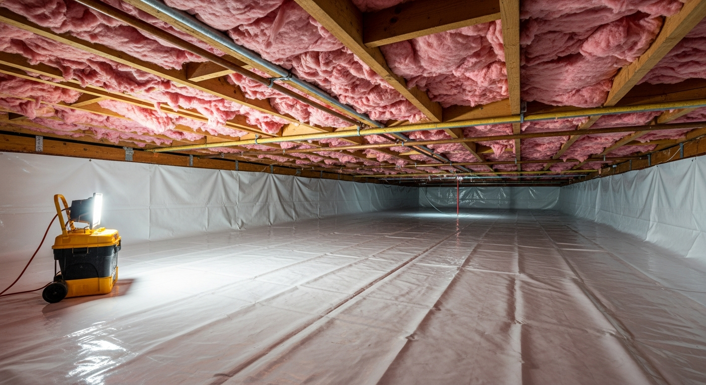 Crawl space with white vapor barrier and new sub-floor insulation beneath a 1960s brick rancher in Cavalier Manor Portsmouth,