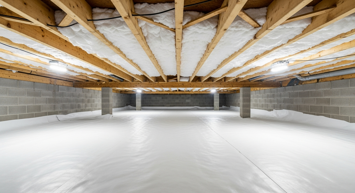 Clean crawl space with white fiberglass insulation between floor joists and concrete block walls under a Chic's Beach bayfront cottage in Virginia Beach,