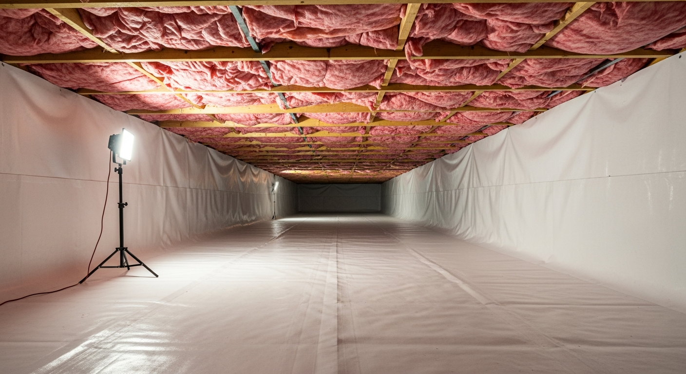 Crawl space with white vapor barrier and new sub-floor insulation beneath a 1918 planned-community home in Cradock Portsmouth,
