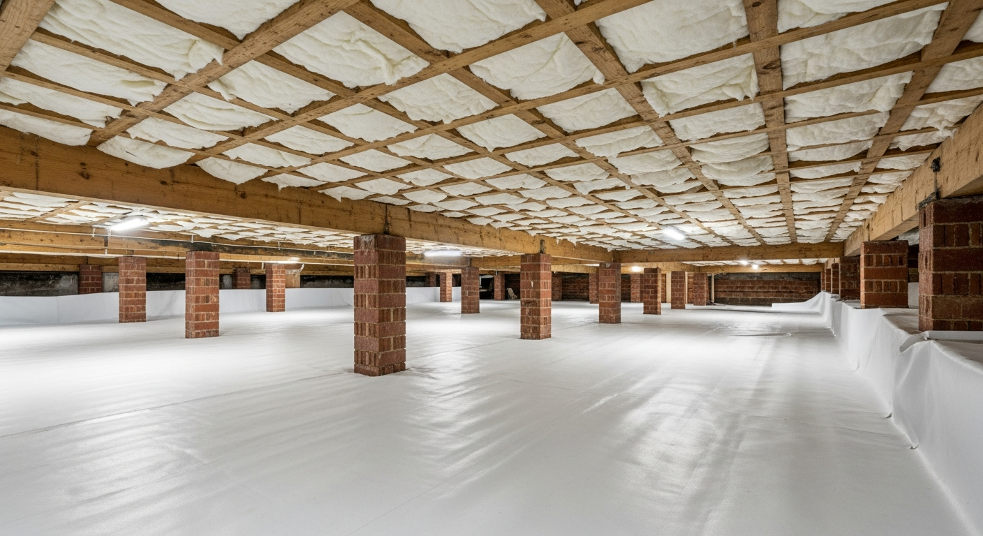 Clean dry crawl space with white fiberglass insulation between floor joists and a bright vapor barrier under a Deep Creek Chesapeake home near the Dismal Swamp Canal,