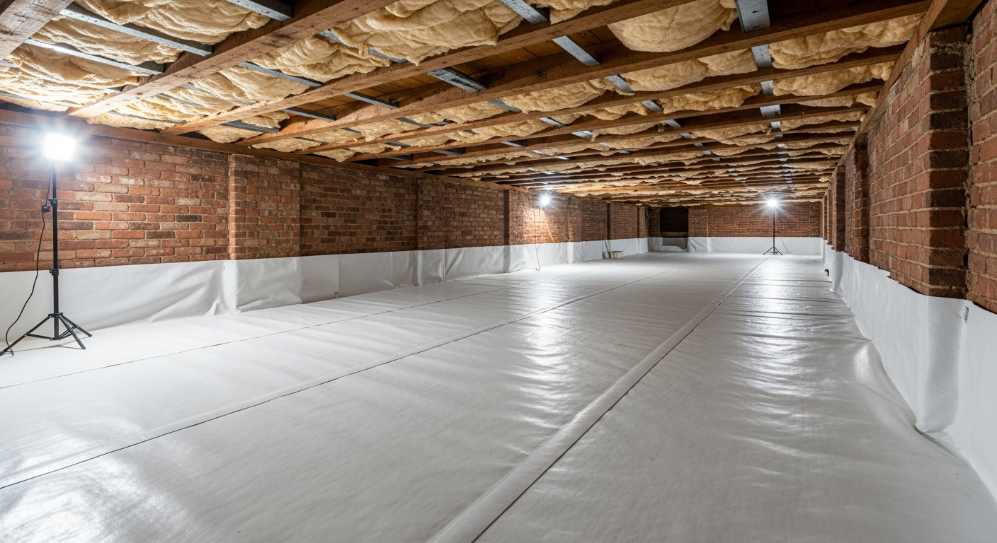 Crawl space with white vapor barrier and new sub-floor insulation beneath a historic Downtown Norfolk rowhouse near the Freemason District,