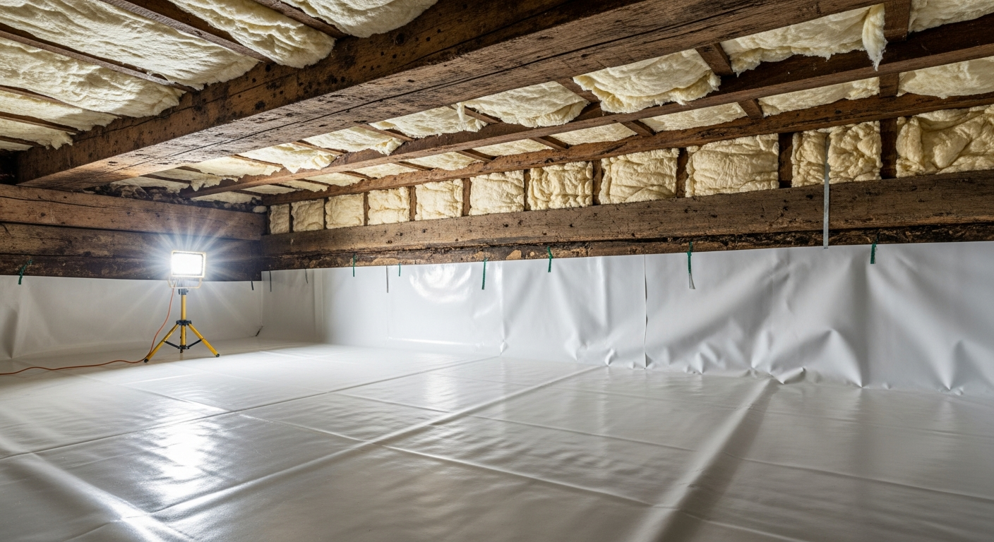Crawl space with white vapor barrier and new sub-floor insulation beneath a historic Downtown Portsmouth rowhouse near the Elizabeth River,