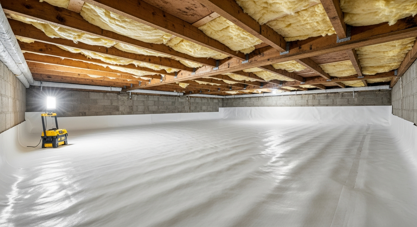 Crawl space with bright white vapor barrier and new sub-floor insulation beneath an early-1900s Ghent Norfolk craftsman home near the Hague, ZIPs