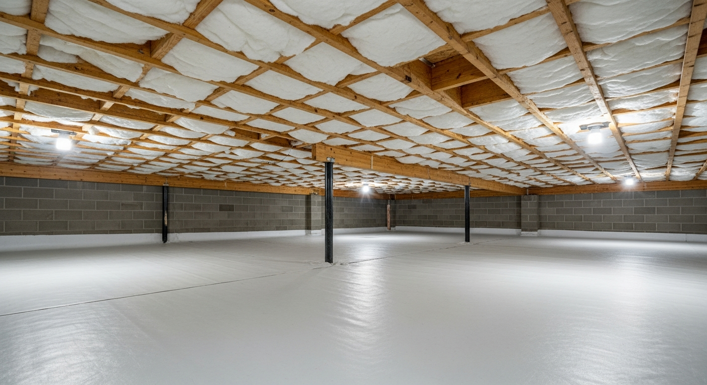 Modern crawl space with clean concrete block walls and white fiberglass insulation between floor joists under a Grassfield Chesapeake 2000s home,