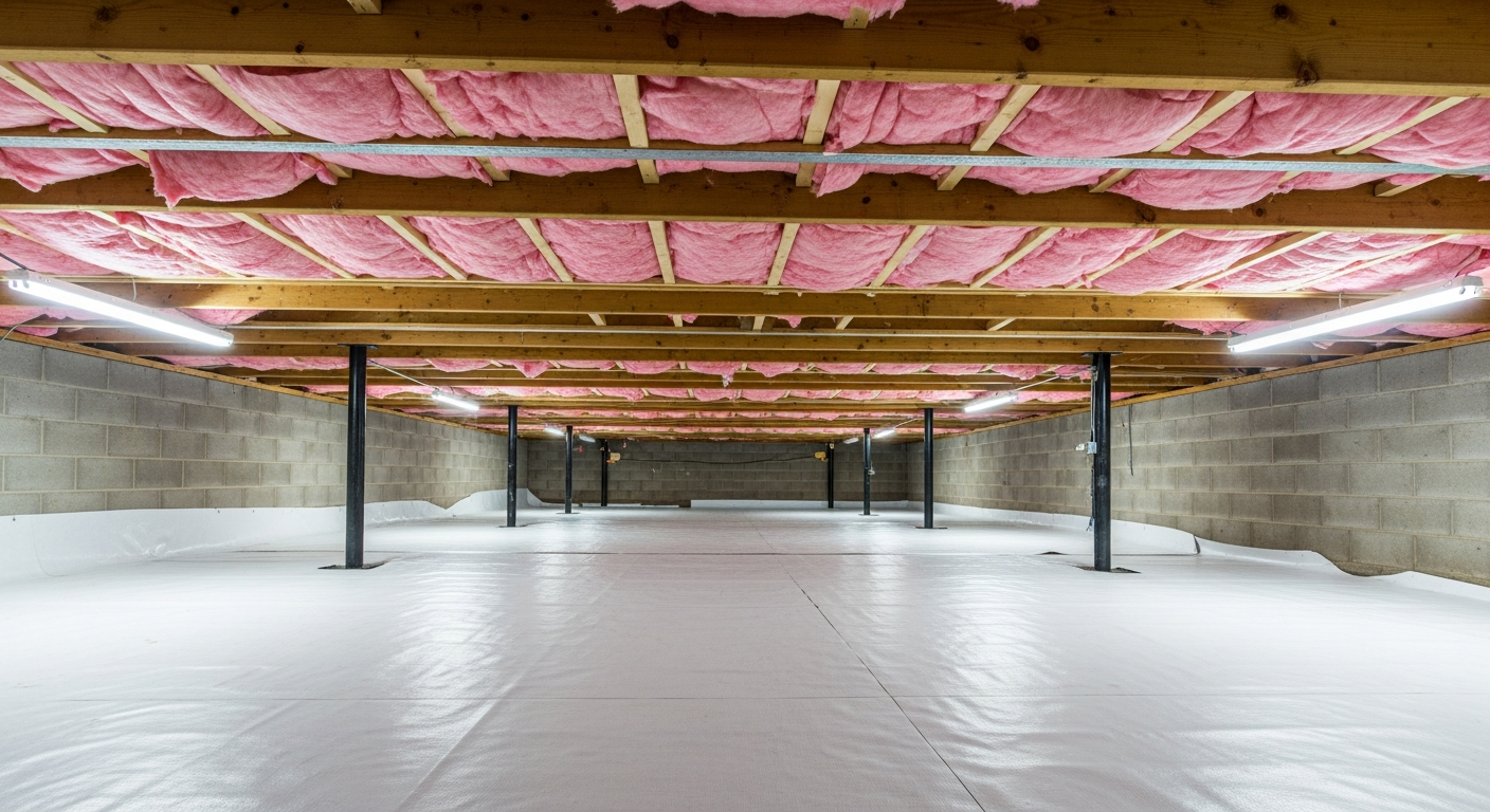Crawl space with pink fiberglass insulation between floor joists and concrete block walls under a Great Bridge Chesapeake colonial,