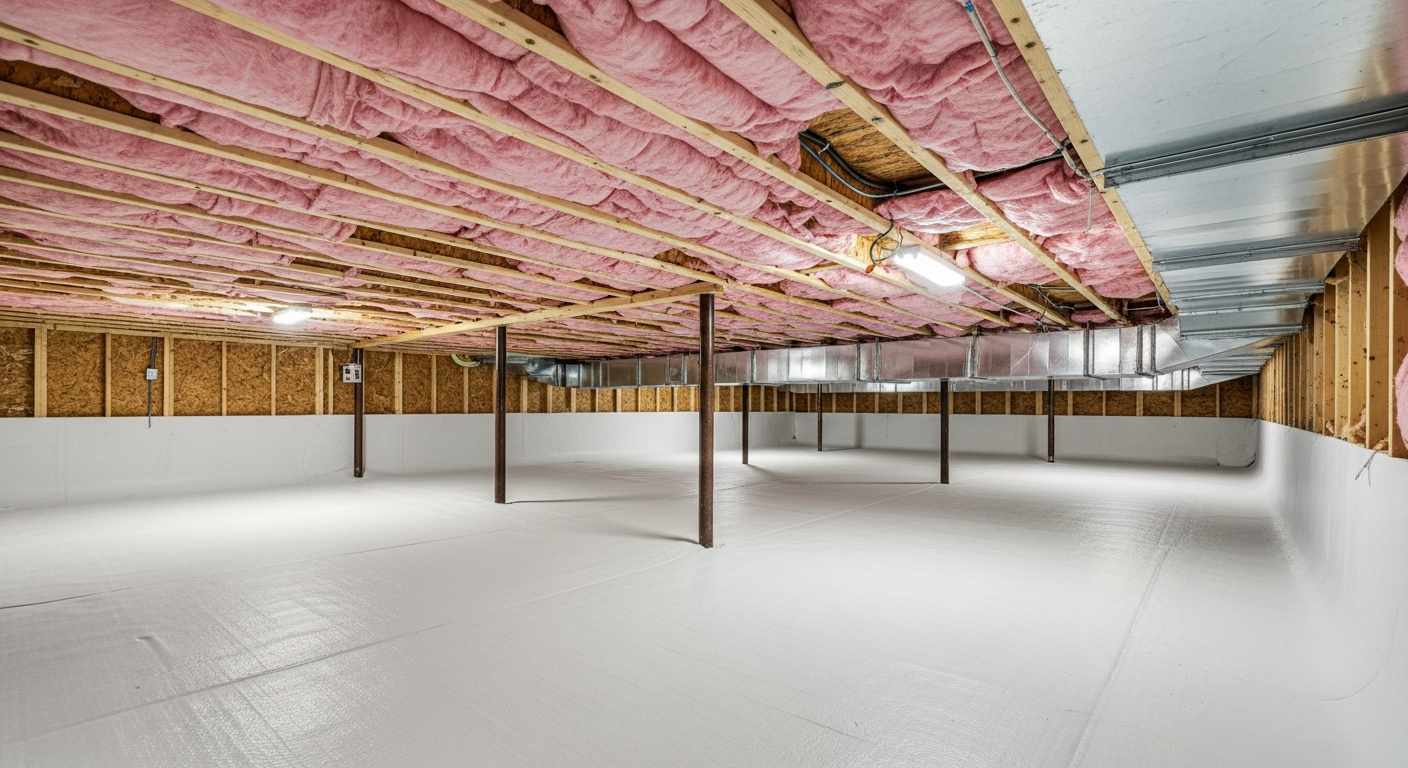 Crawl space with pink fiberglass insulation between floor joists and HVAC ductwork under a Great Neck Virginia Beach colonial near the Lynnhaven River, ZIPs