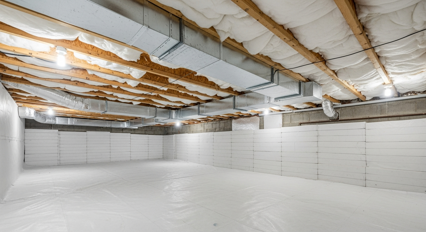 Crawl space with white fiberglass insulation between floor joists and HVAC ductwork under a Greenbrier Chesapeake suburban home, ZIPs
