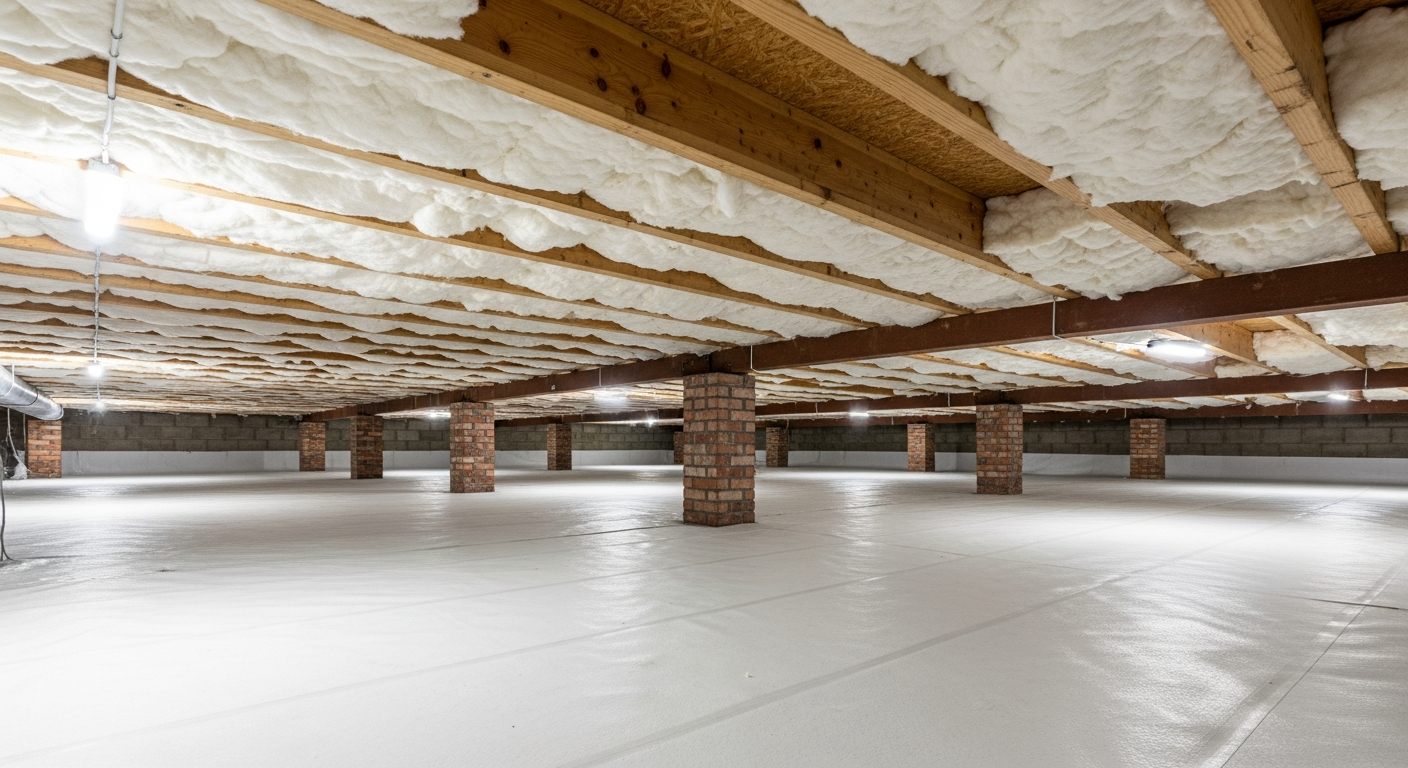 Rural farmhouse crawl space with old brick piers and white fiberglass insulation between floor joists in Hickory, southern Chesapeake VA, ZIPs