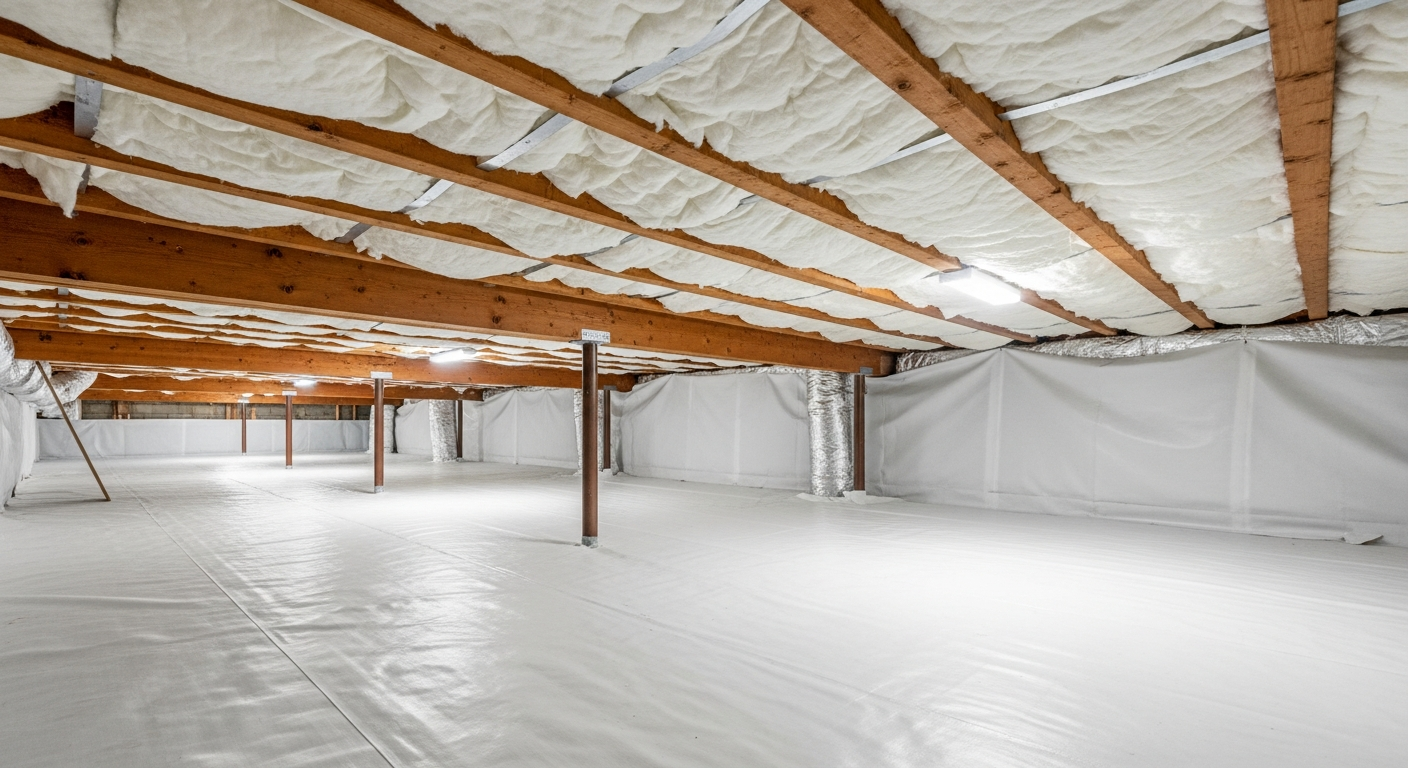 Low-clearance crawl space with white fiberglass insulation between the floor joists of an Indian River Chesapeake mid-century ranch, ZIPs