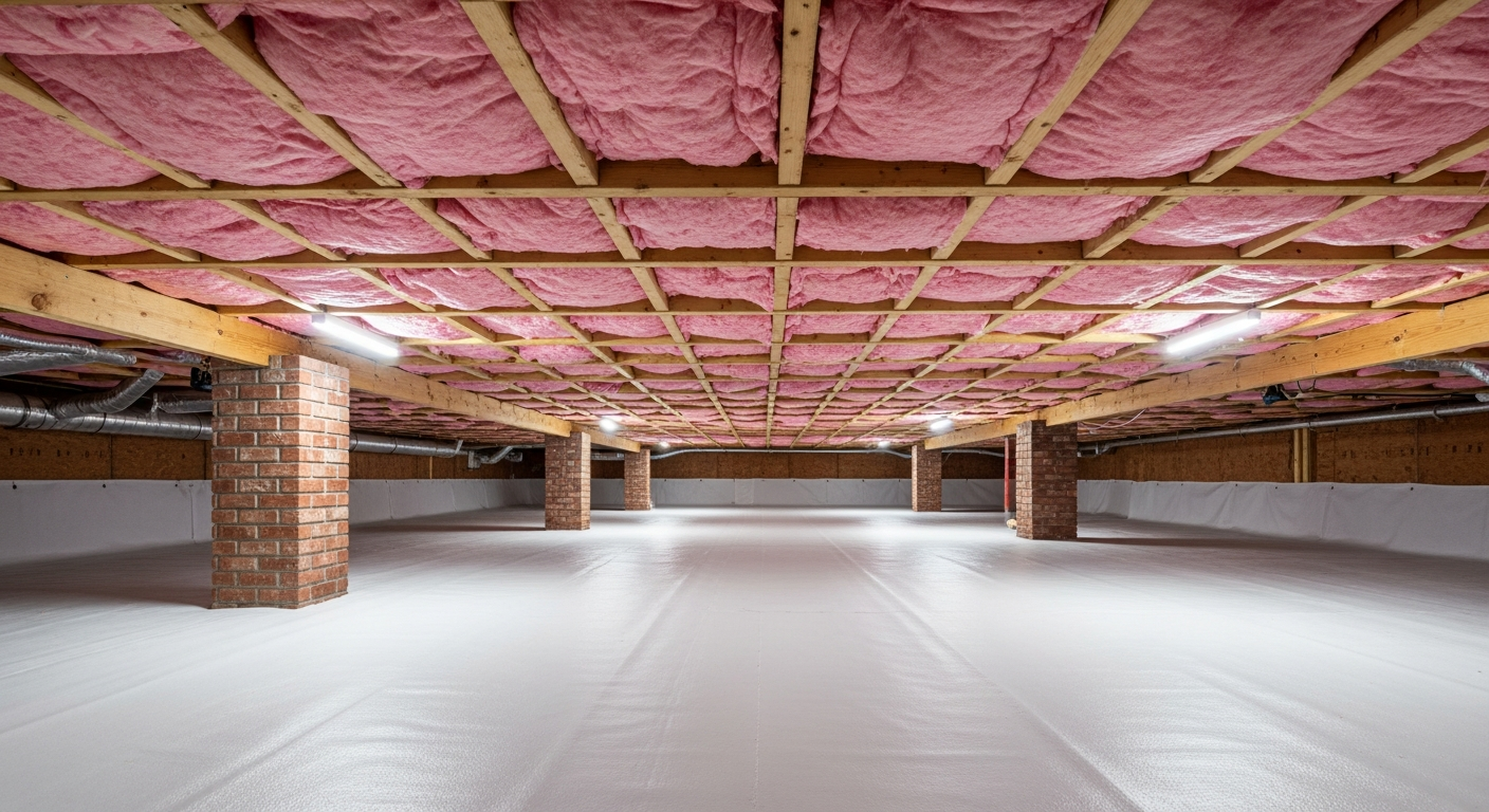 Crawl space with pink fiberglass insulation between floor joists and a brick pier under a Kempsville Virginia Beach colonial home, ZIPs