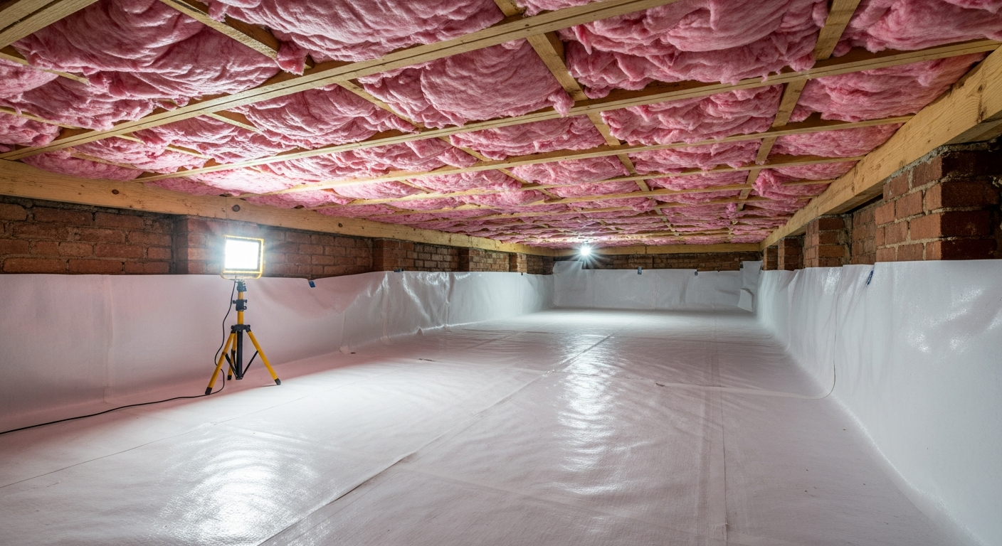 Crawl space with white vapor barrier and new sub-floor insulation beneath a brick colonial in Larchmont Norfolk near the Lafayette River,