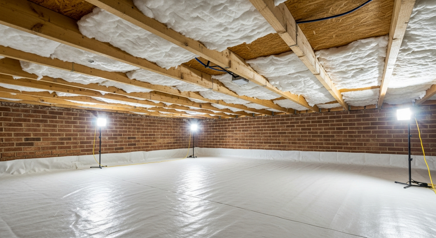 Low-clearance crawl space with white fiberglass insulation between the floor joists of a Little Neck Virginia Beach brick ranch on the Lynnhaven River,