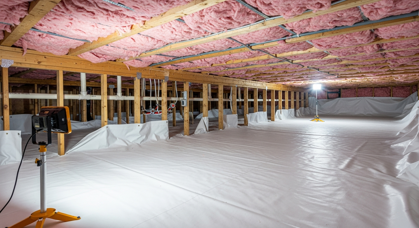 Crawl space with white vapor barrier and new sub-floor insulation beneath a 1950s bungalow in Midtown Portsmouth,
