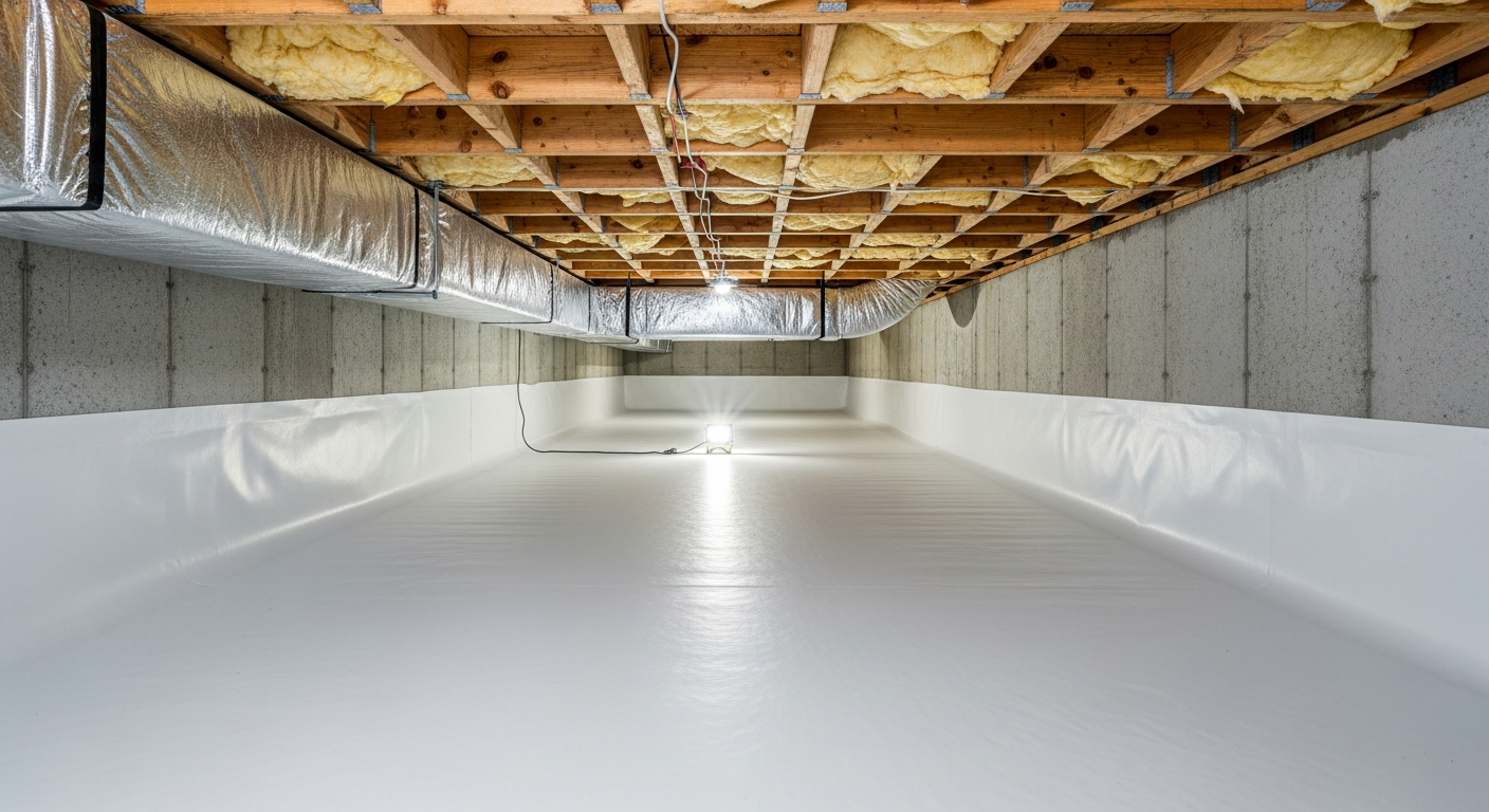 Crawl space with white vapor barrier and new sub-floor insulation beneath a 1960s split-level near Military Circle in Norfolk,