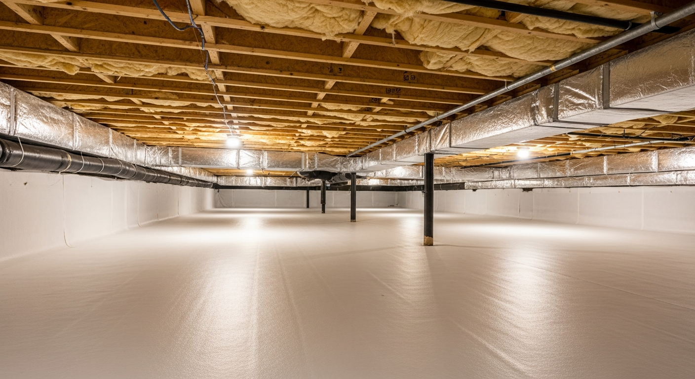 Crawl space with white vapor barrier and new sub-floor insulation beneath a mid-century home in Norfolk Highlands near Broad Creek,