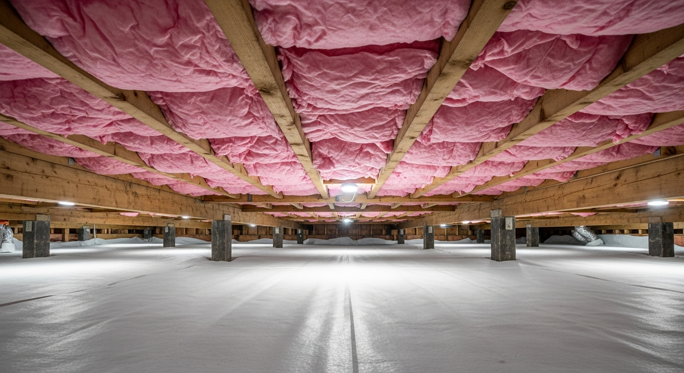 Crawl space beneath a cedar-frame North End Virginia Beach cottage with pink fiberglass insulation between the floor joists and a clean vapor barrier,