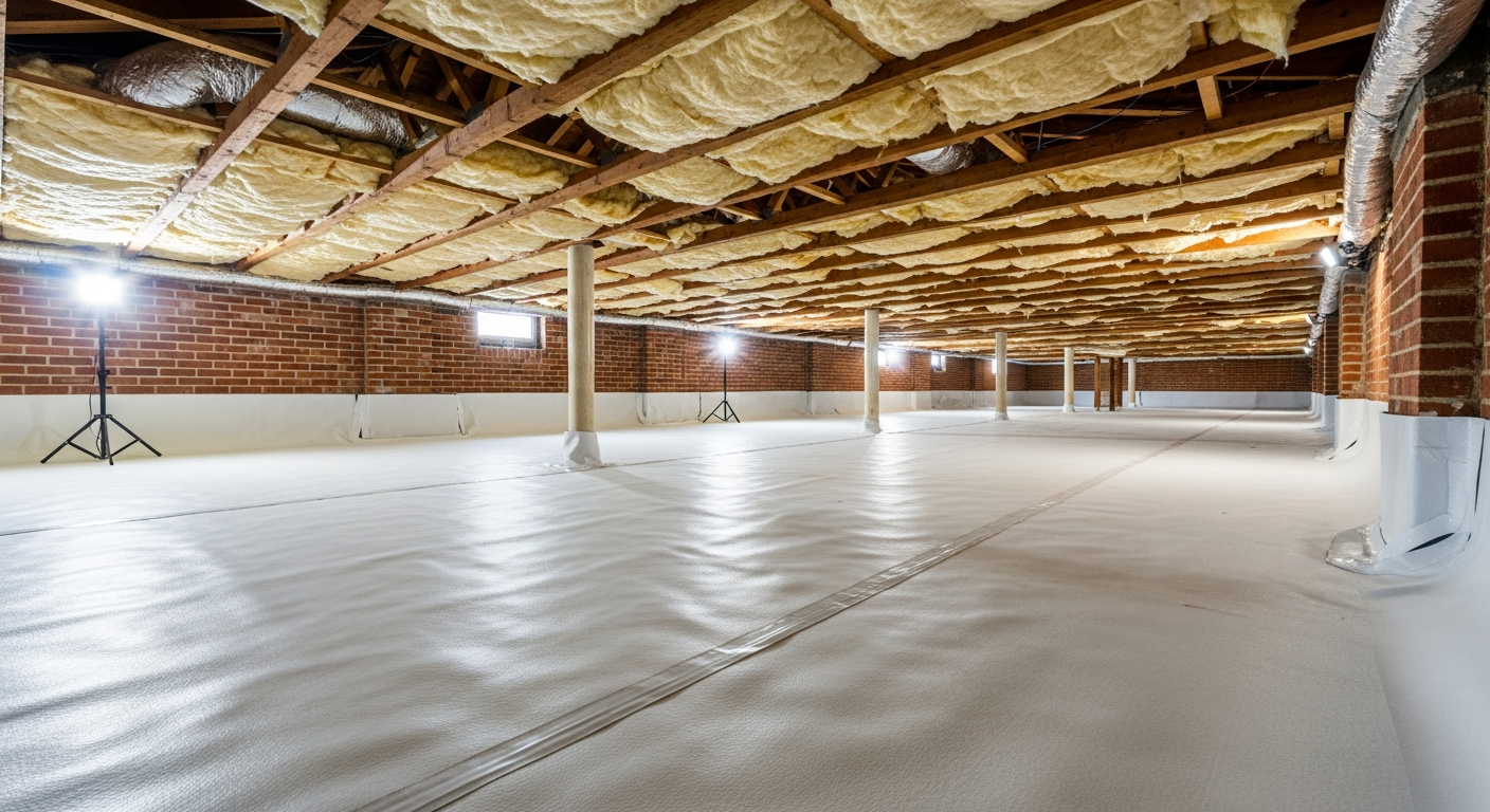 Crawl space with white vapor barrier and fresh sub-floor insulation beneath a 1950s brick rancher in Norview Norfolk near Five Points,