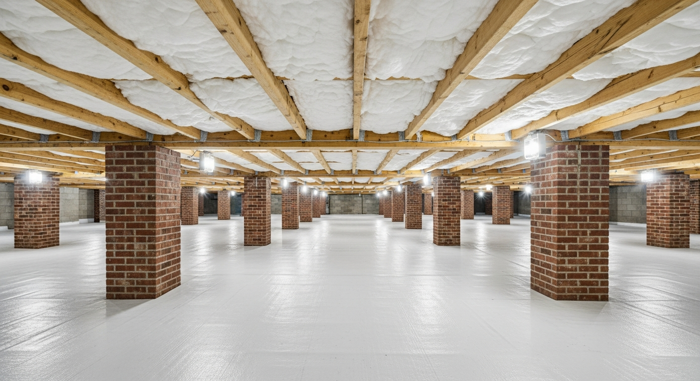 Clean dry crawl space with white fiberglass insulation between floor joists and a bright vapor barrier under an Oceanfront Resort Area cottage near the Virginia Beach Boardwalk,