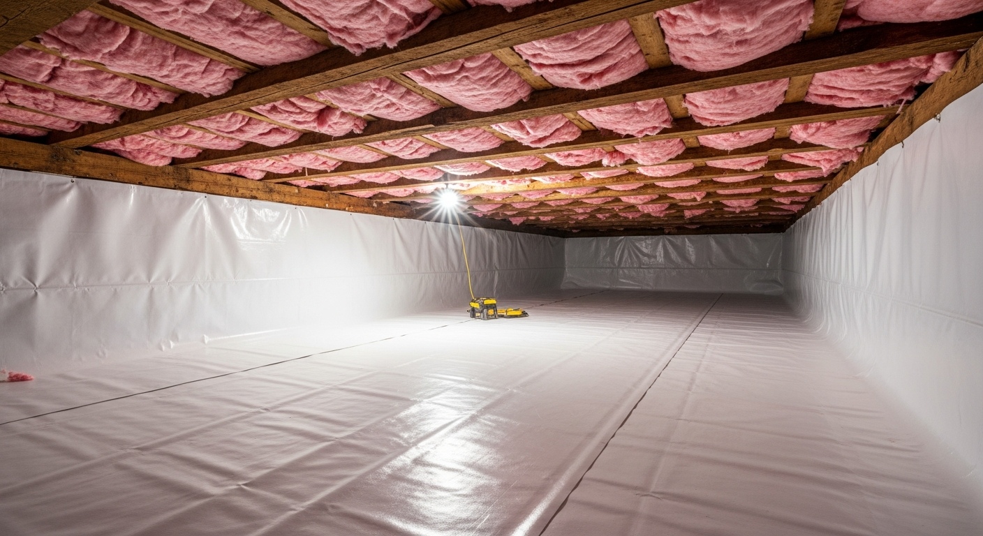 Crawl space with white vapor barrier and new sub-floor insulation beneath a historic Olde Towne Portsmouth townhome,