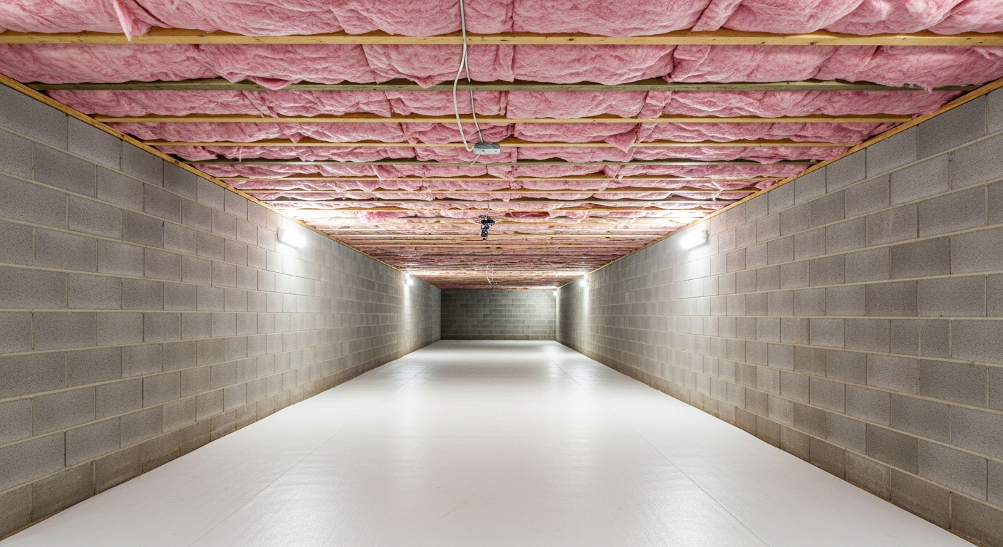 Crawl space with pink fiberglass insulation between floor joists and tall concrete block walls under a newer Princess Anne Courthouse area home in Virginia Beach, ZIPs