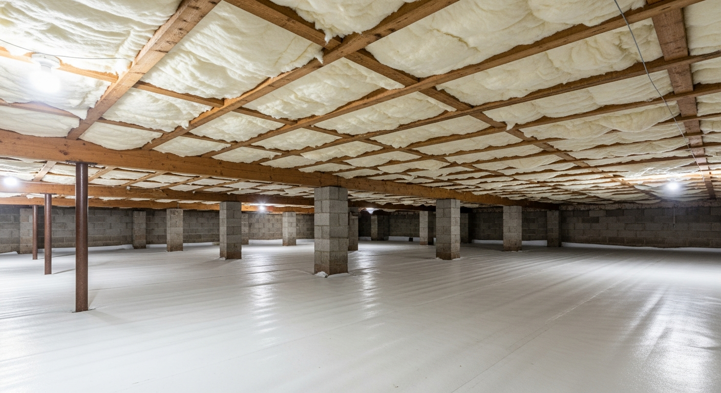 Farmhouse crawl space with old brick piers and white fiberglass insulation between the floor joists in rural Pungo Blackwater, southern Virginia Beach,