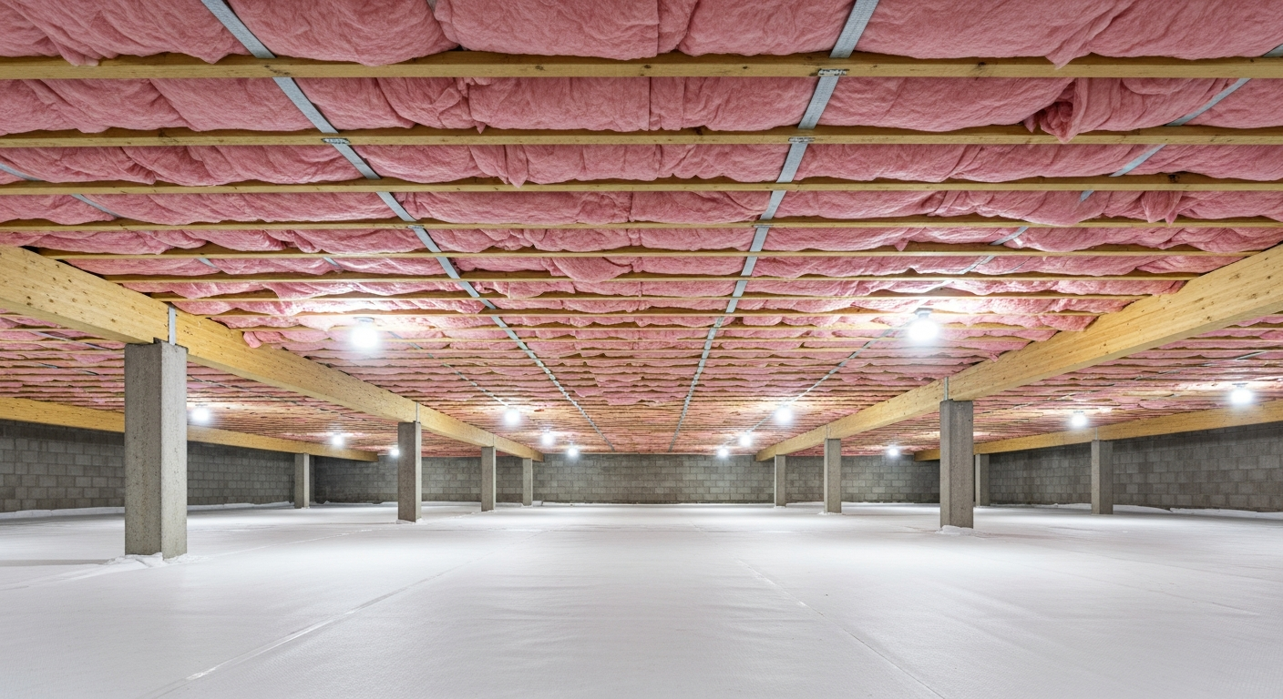 Crawl space with tall concrete block walls and pink fiberglass insulation between floor joists under a Rivercrest Chesapeake home near the Elizabeth River,