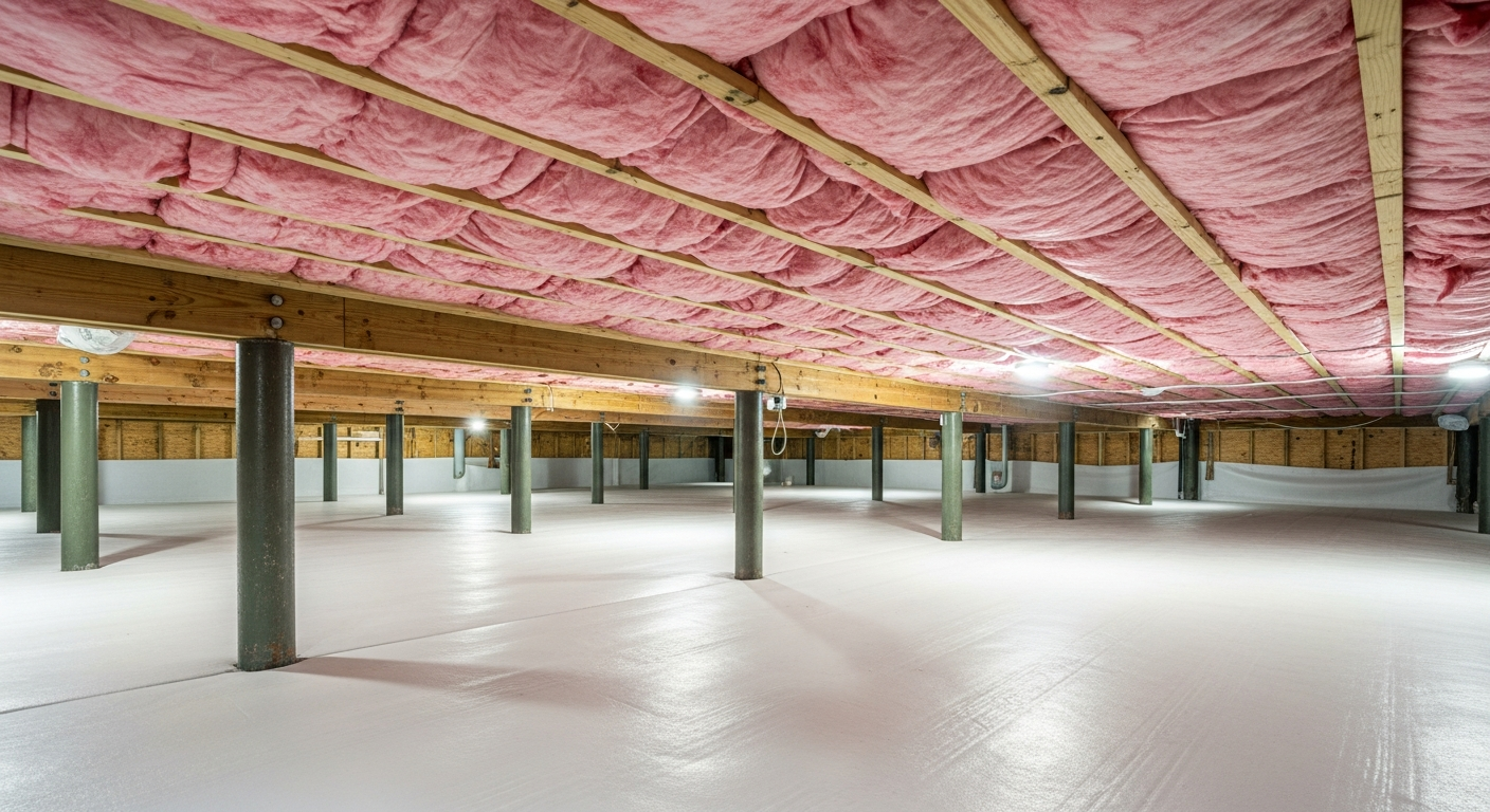 Underside of an elevated Sandbridge Virginia Beach beach house with pink fiberglass insulation in the floor system between joists, near Back Bay National Wildlife Refuge,