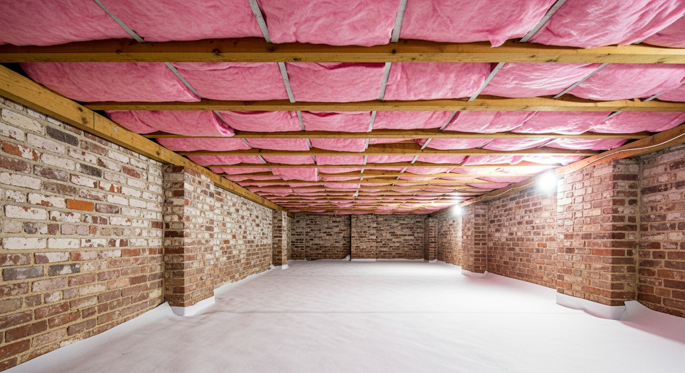 Historic crawl space with aged brick foundation walls and pink fiberglass insulation between floor joists under a South Norfolk Chesapeake home,