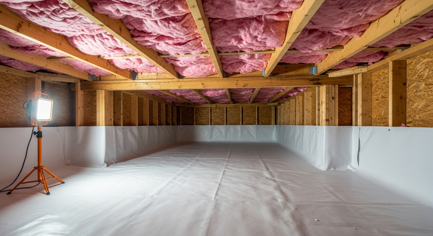 Crawl space with white vapor barrier and new sub-floor insulation beneath a historic 1918 Truxtun Portsmouth home,