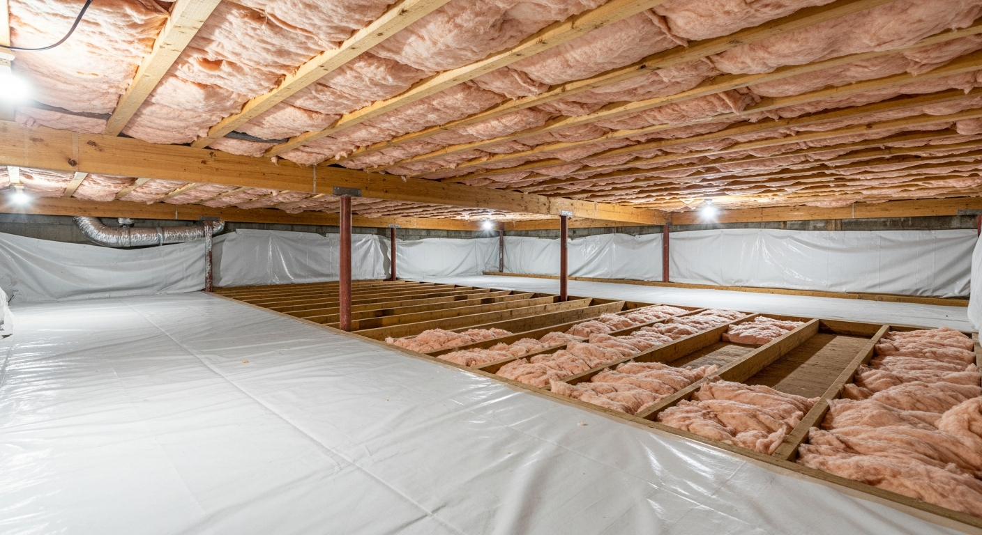 Crawl space with white vapor barrier and new sub-floor insulation beneath a WWII-era home in Victory Village near the Norfolk Naval Shipyard, ZIPs