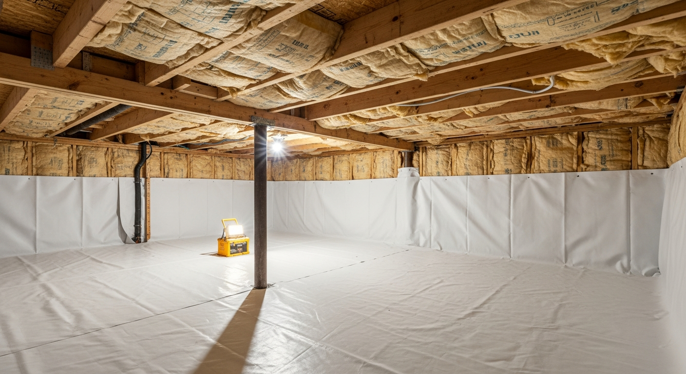 Crawl space with white vapor barrier and fresh sub-floor insulation beneath a 1940s Cape Cod in Wards Corner Norfolk,