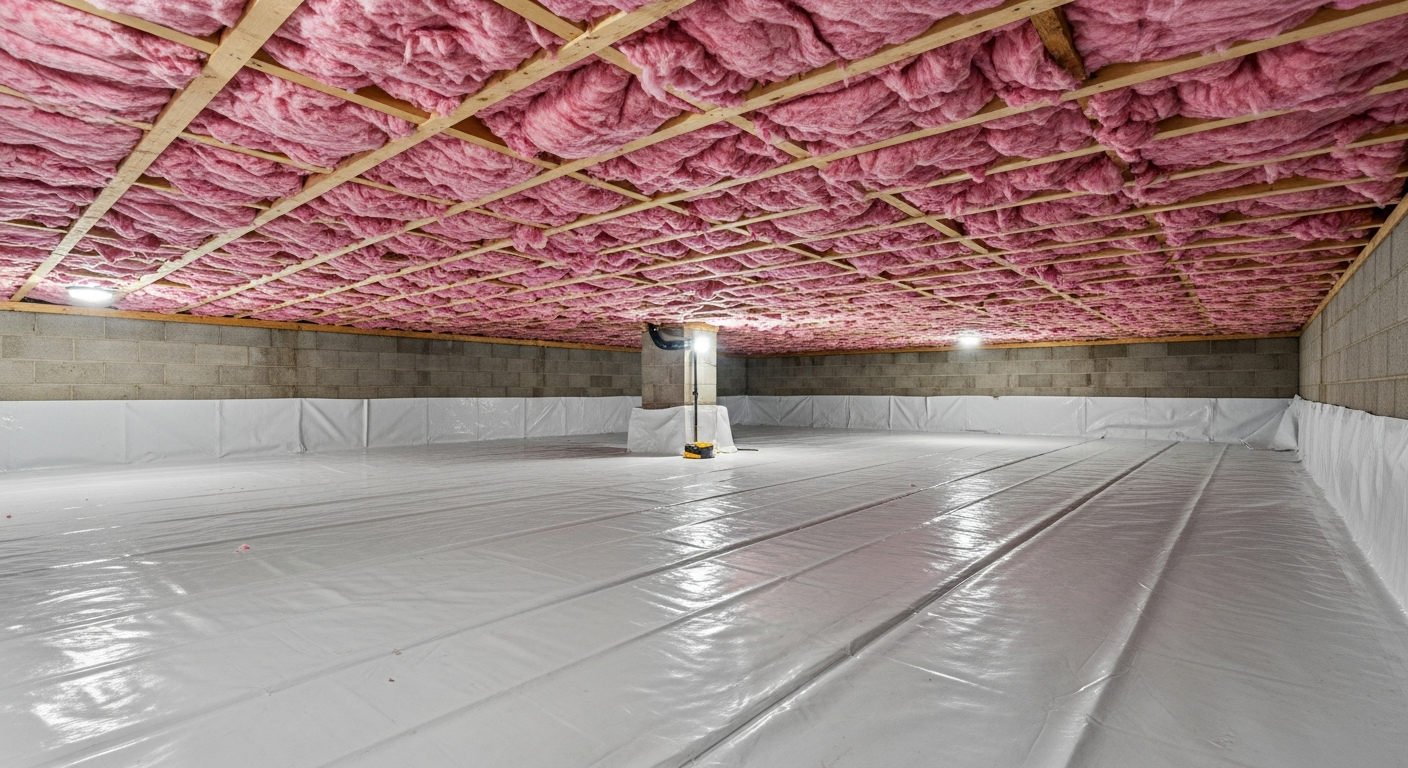 Crawl space with white vapor barrier and new sub-floor insulation beneath a post-war home in West Portsmouth's Westhaven area,