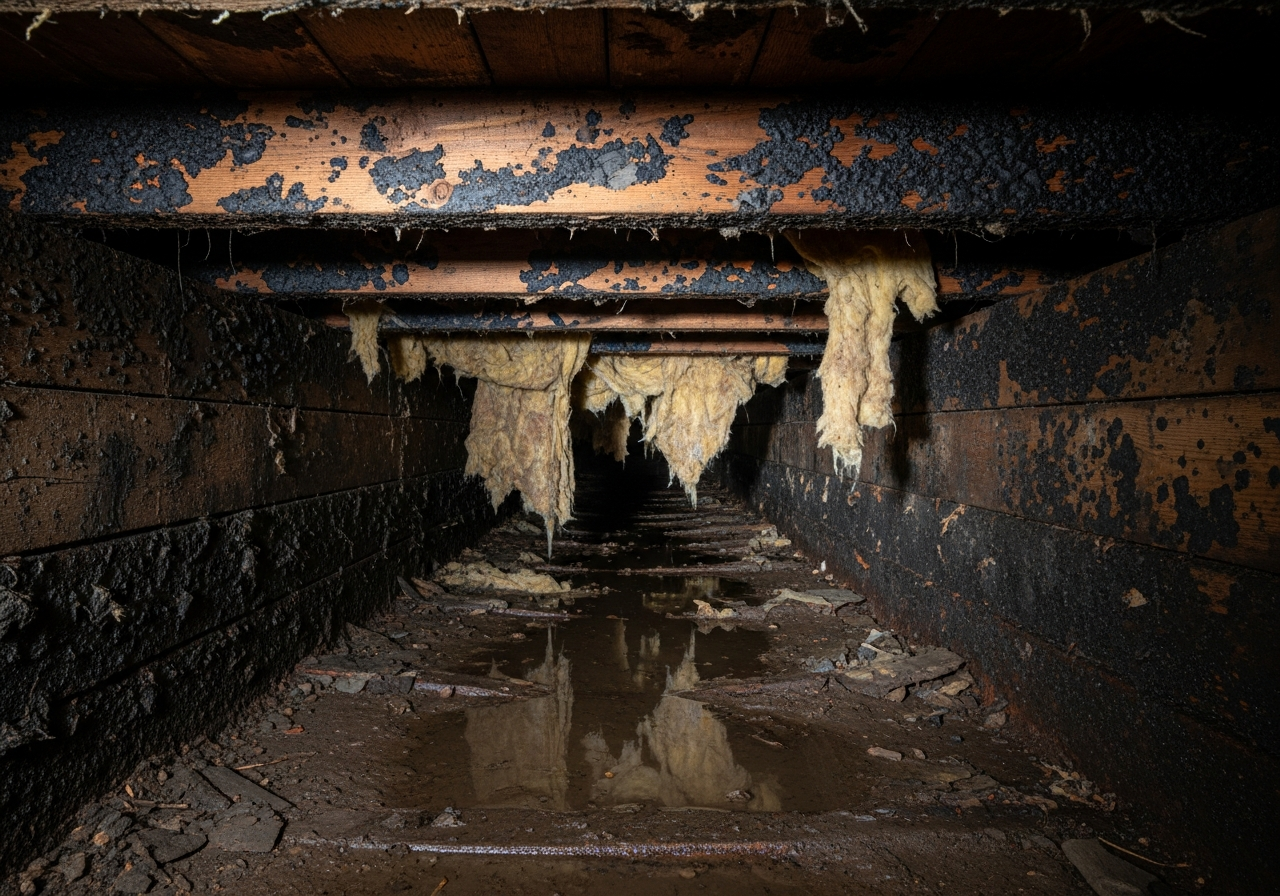 Crawl space with mold-stained wood joists and moisture damage in Hampton Roads home