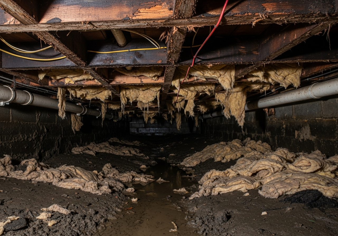 Crawl space in Norfolk Virginia home with water damage and deteriorated insulation