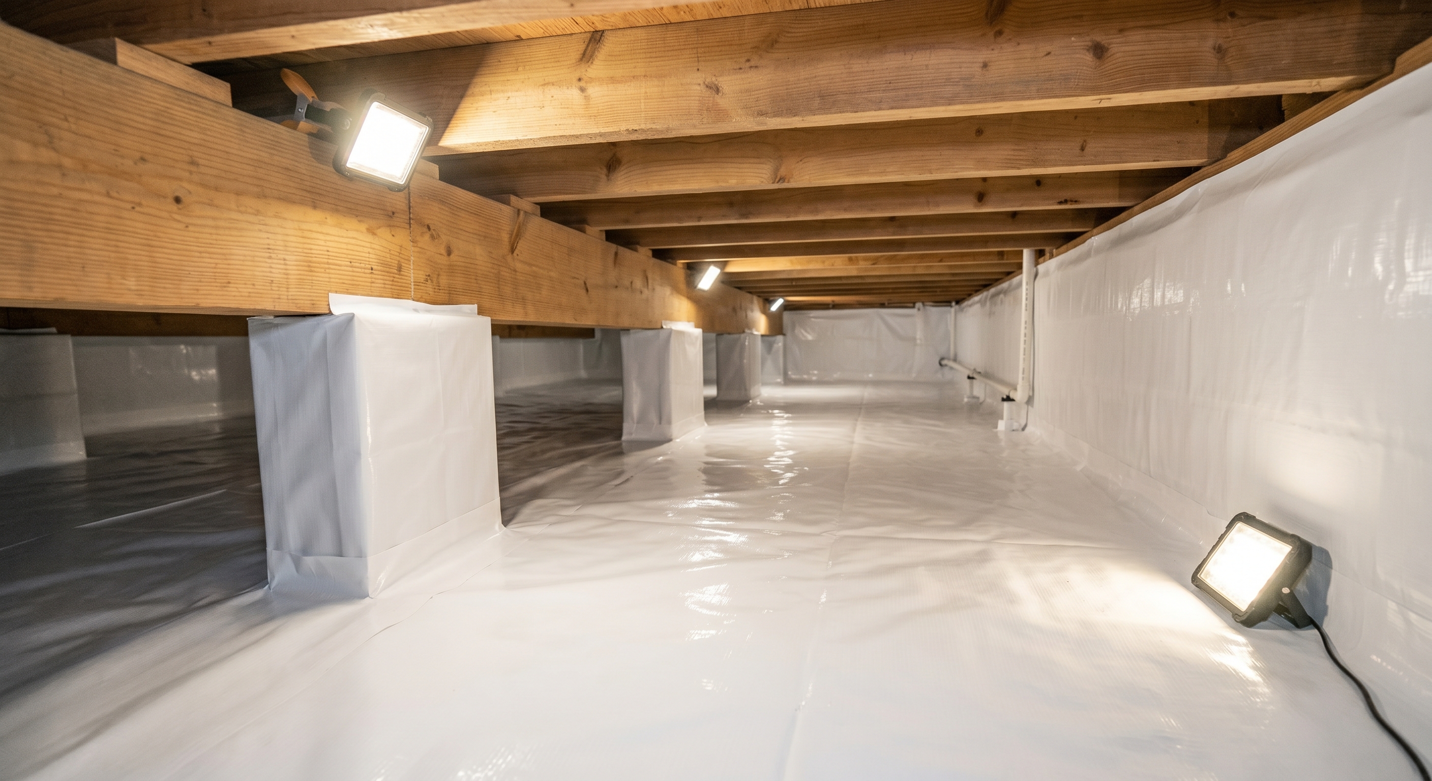 Technician installing vapor barrier in Hampton Roads crawl space encapsulation