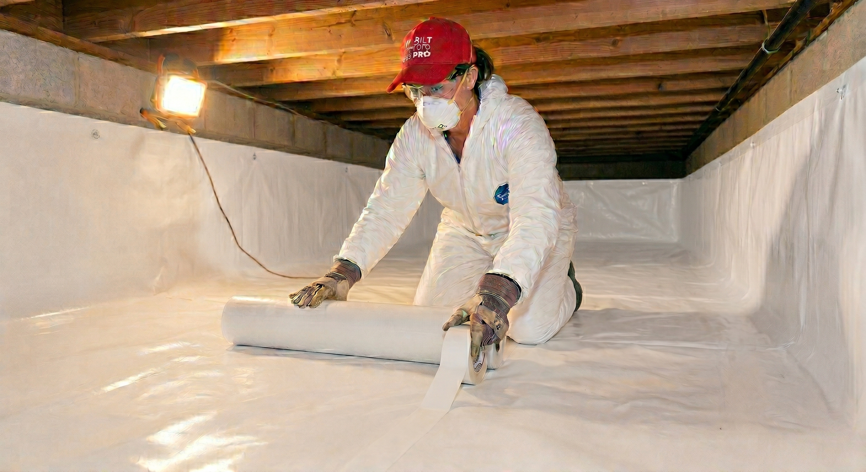 Clean crawlspace with a sealed vapor barrier beneath the floor framing
