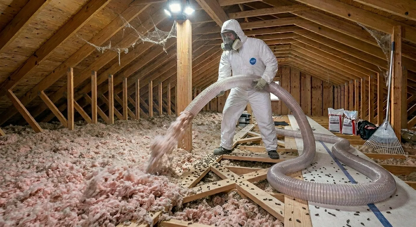 Technician using industrial vacuum to remove insulation from Hampton Roads attic