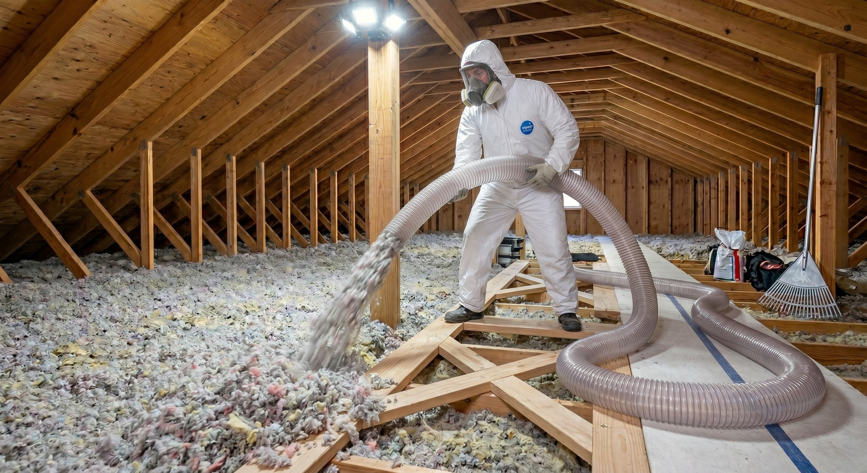 Professional insulation removal equipment prepared for a Hampton Roads attic